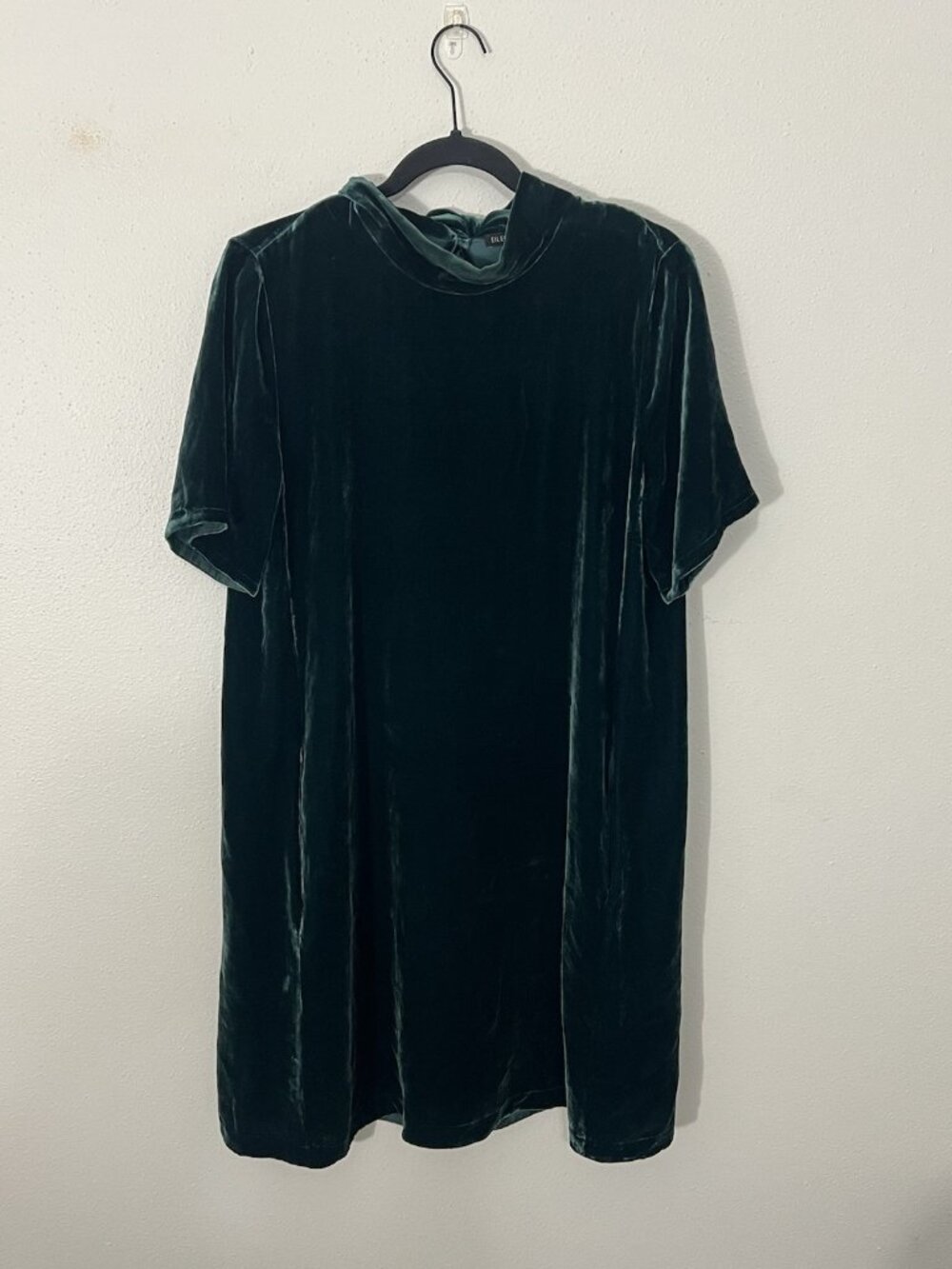 Eileen Fisher Green Crushed Velvet Mockneck Short Sleeve Dress Small Silk Blend